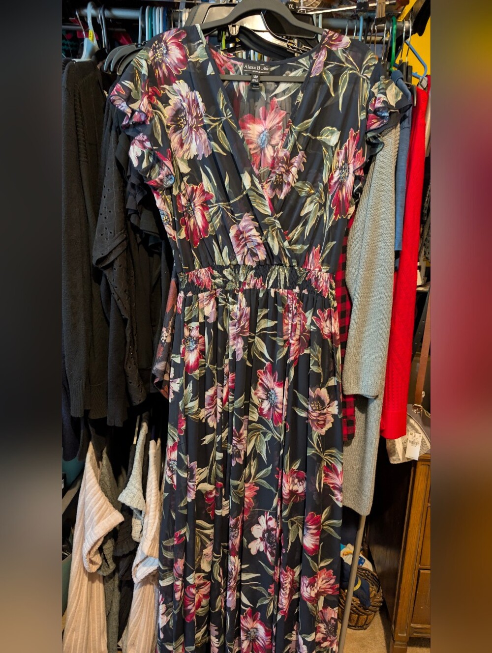 Floral Wrap-Style Maxi Dress in Black and Pink